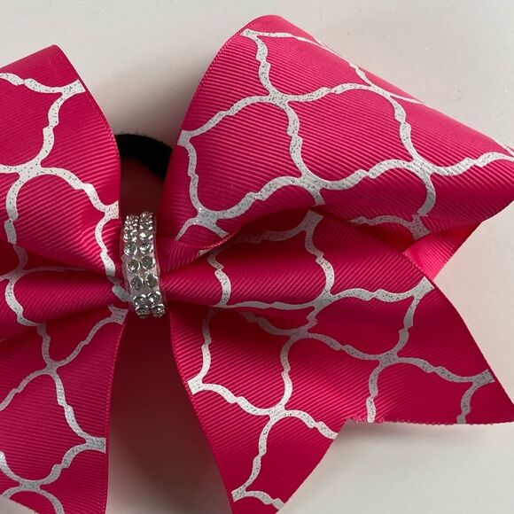 Cheerleader Pink and White Cheer Bow Rhinestone Center on Ponytail Holder - Picture 7 of 9